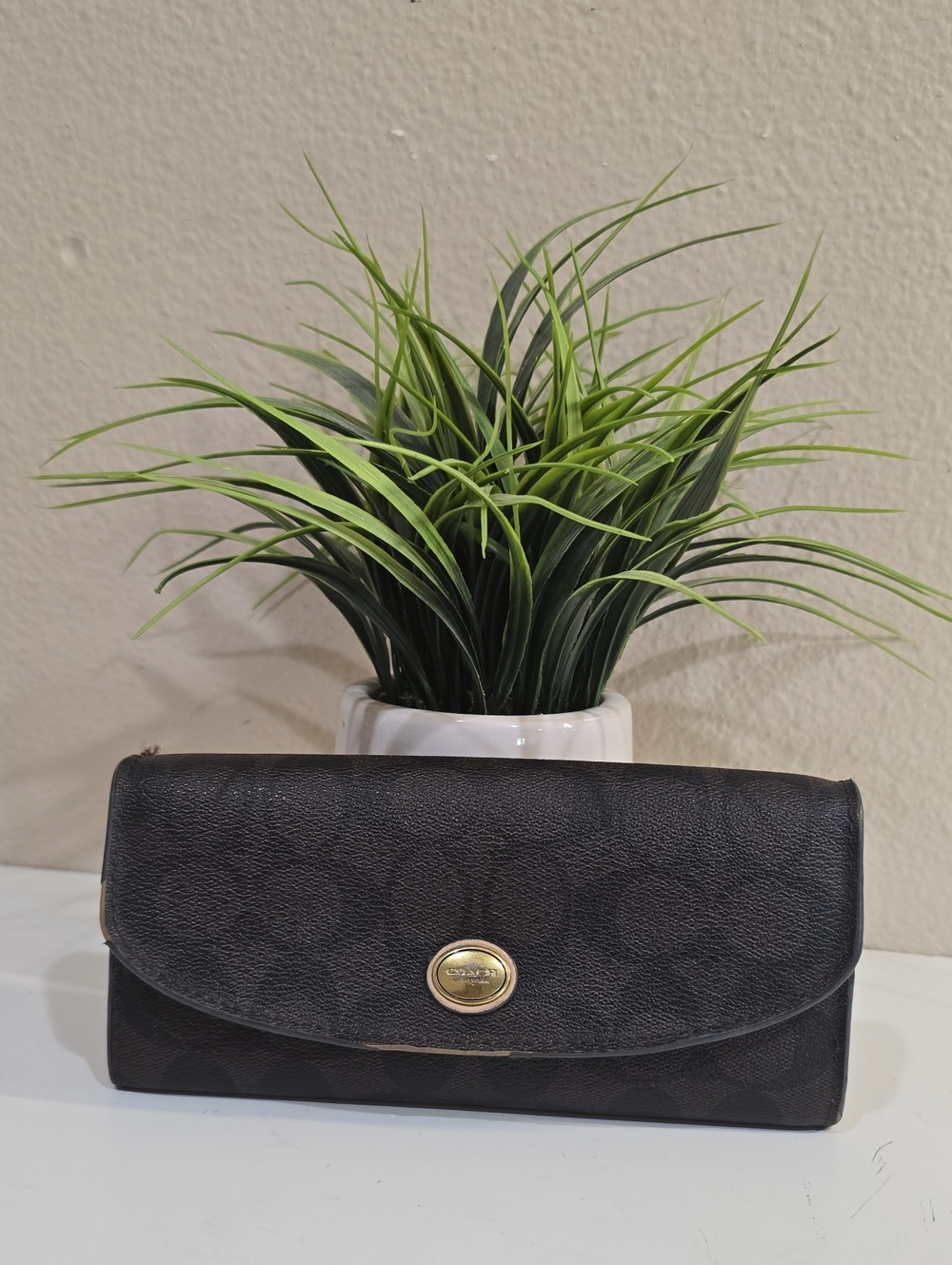 Coach Black Signature Leather Flap Wallet with Gold-Tone Turnlock